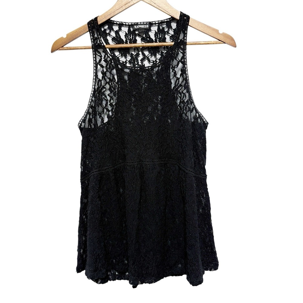Express Blouse Womens M Black Lace Peplum Sleeveless Sheer Y2K Witchy Whimsigoth